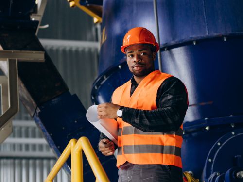 Un ingénieur concentré, avec un casque de chantier orange sur la tête et un gilet orange.